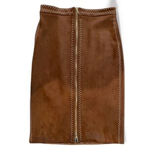 Beulahstyle Brown Suede Zip Skirt with Gold Zipper & Studs